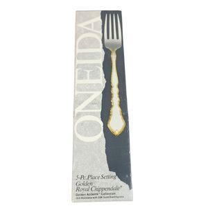 Oneida Golden Royal Chippendale 5-Pc Place Setting 24K Gold Accent Stainless USA